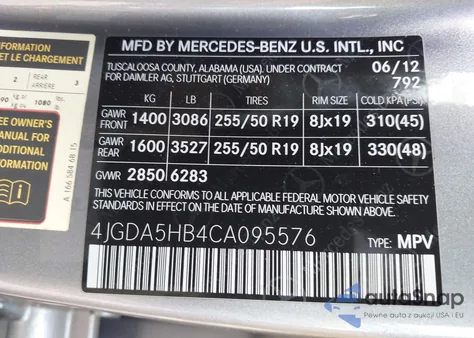 2012 Mercedes-Benz Ml 350 4Matic из США, поврежденный, VIN 4JGDA5HB4CA095576